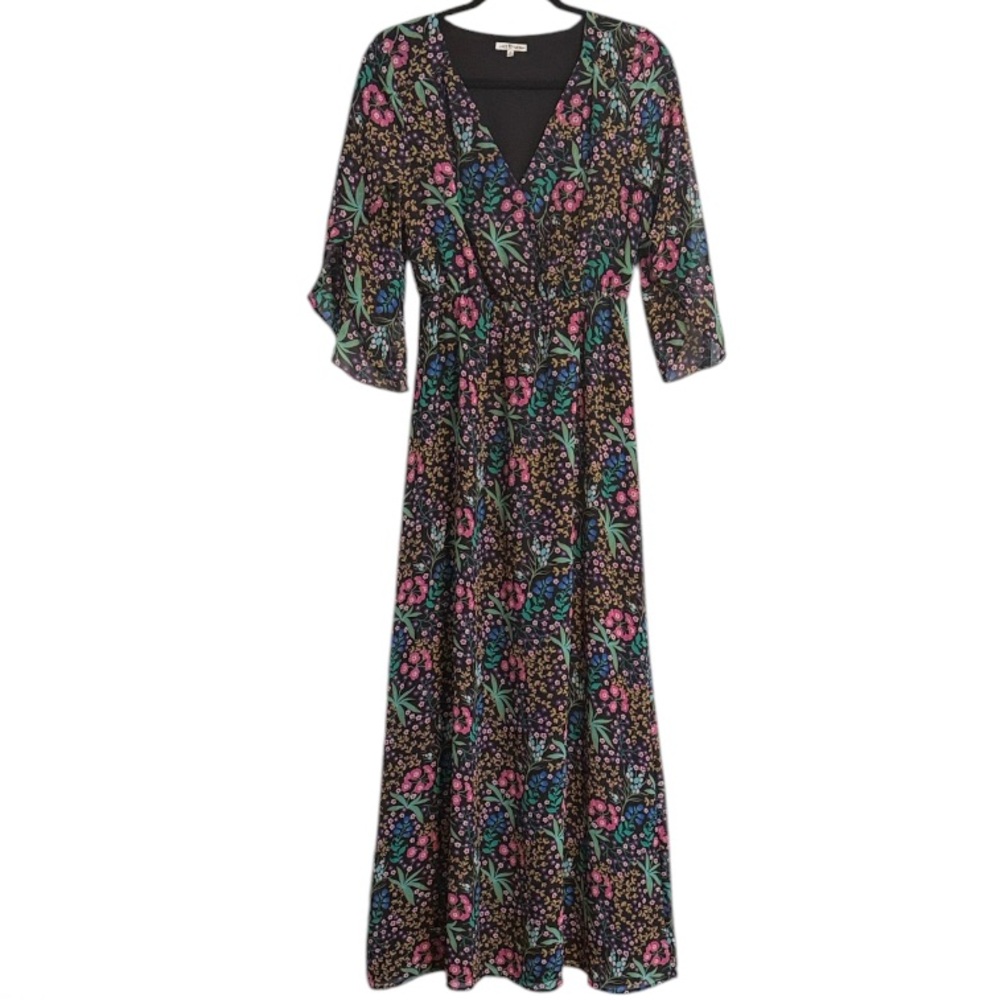 Lace & Mesh Floral V-Neck Maxi Dress with Sheer Split Sleeves